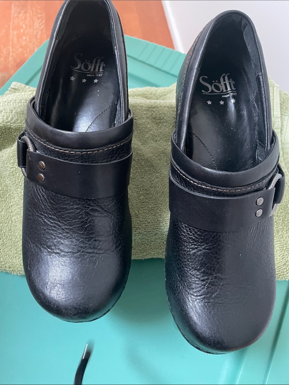 Sofft Black Leather Slip-On Mules with Buckle Strap
